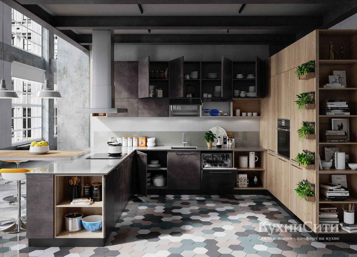 Кухня в стиле лофт со столовой зоной бетонные детали