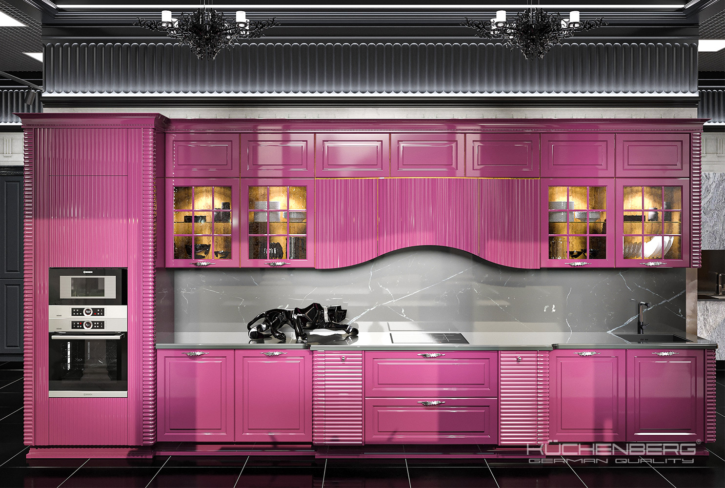 Кухня пурпурная с рифлеными фасадами
