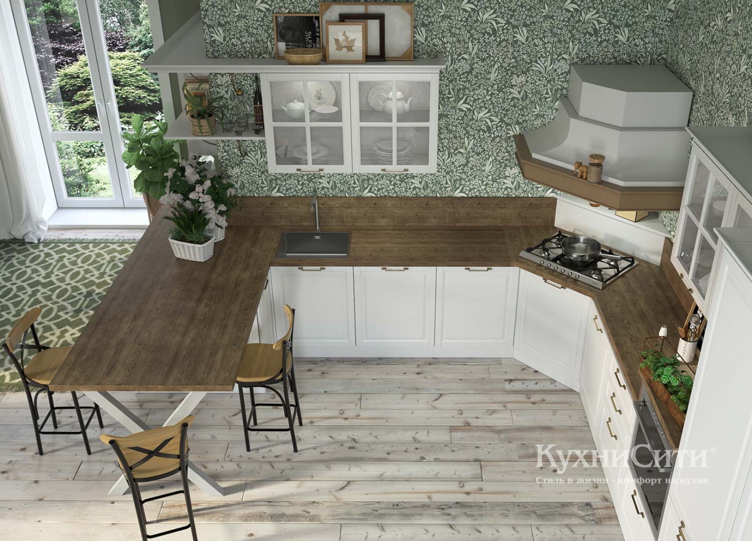 Кухня белая с деревянными элементами для частного дома